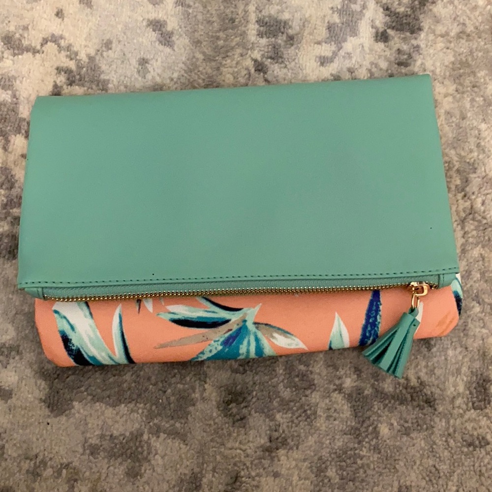 Turquoise & flowered foldable clutch